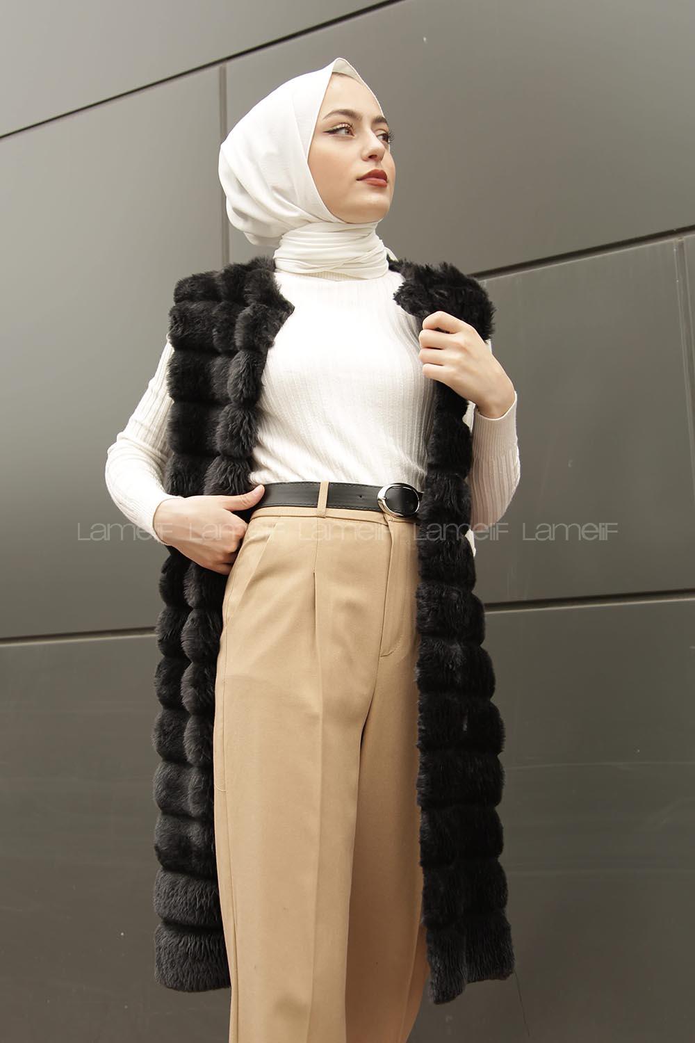 Modalamelif Kürklü Yelek Gri Siyah