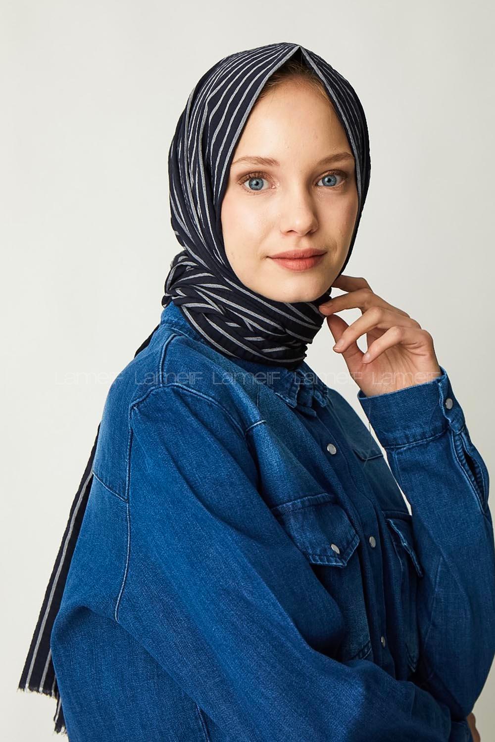 Modalamelif Lacivert Çizgili Pamuk Şal