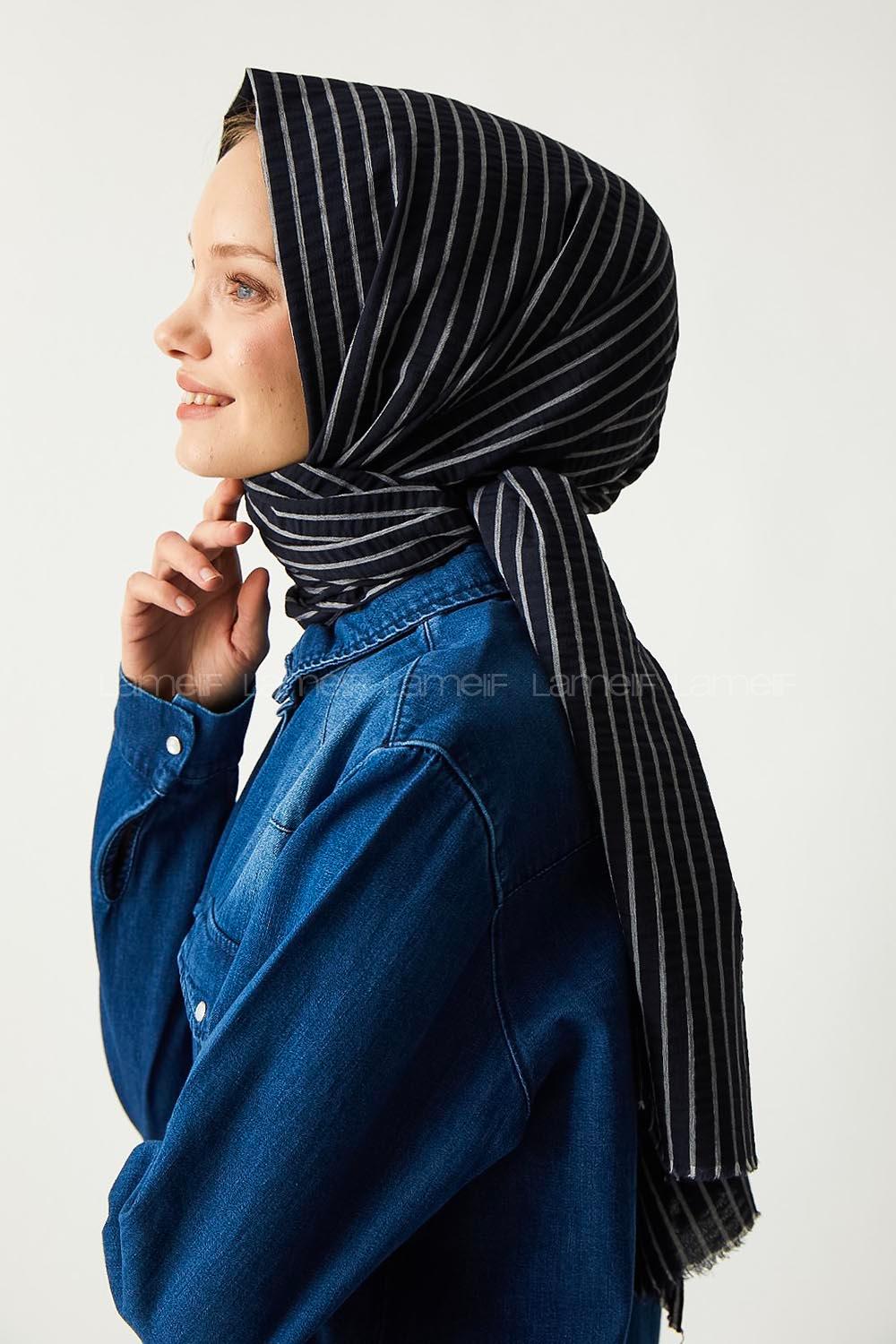Modalamelif Lacivert Çizgili Pamuk Şal