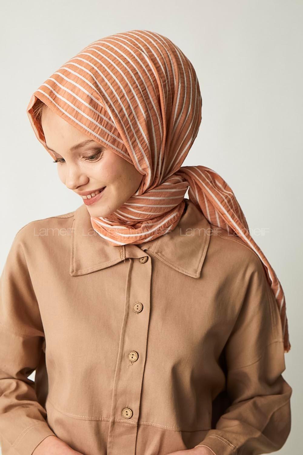 Modalamelif Oranj Çizgili Pamuk Şal