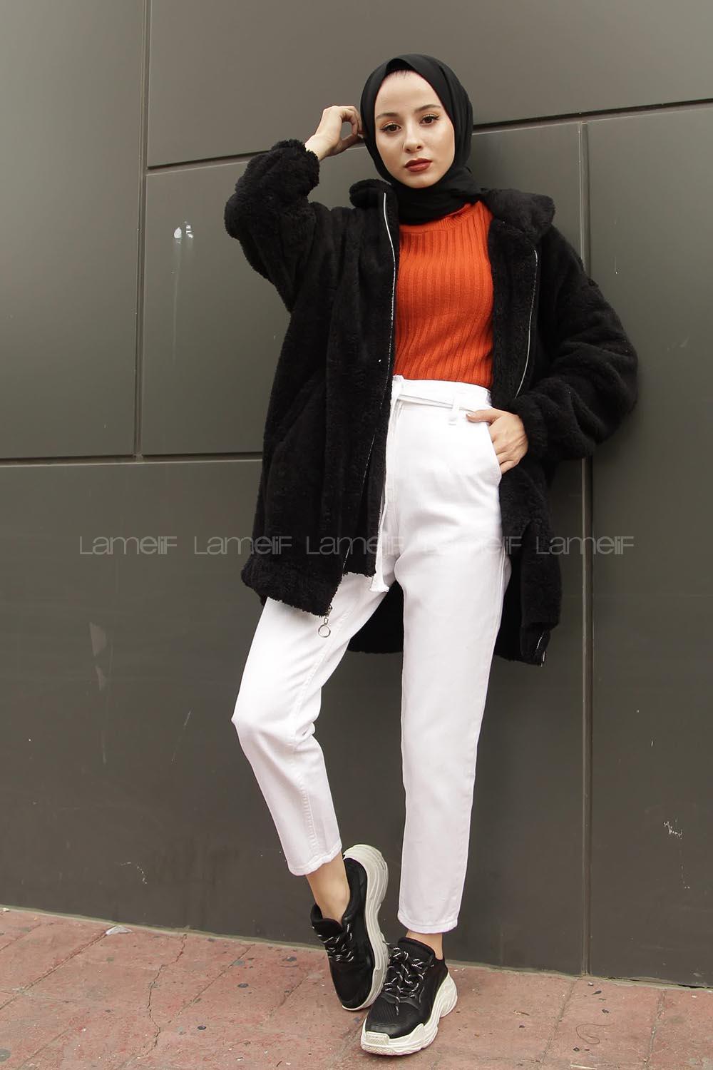 Lamelif Peluş Mont Siyah