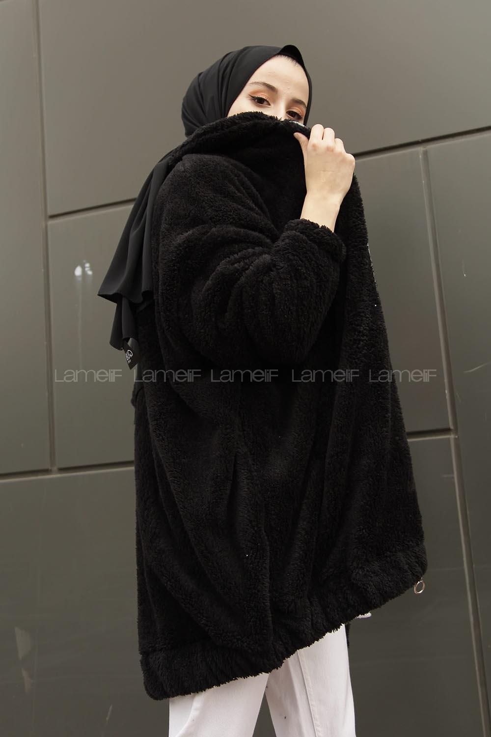 Lamelif Peluş Mont Siyah