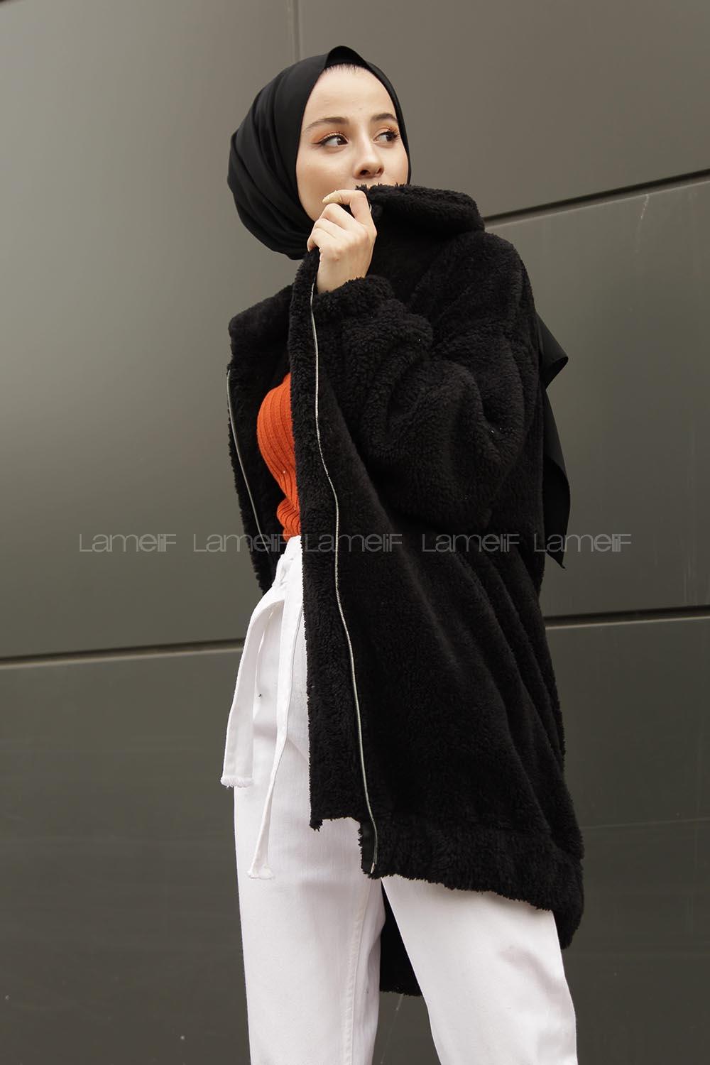 Lamelif Peluş Mont Siyah