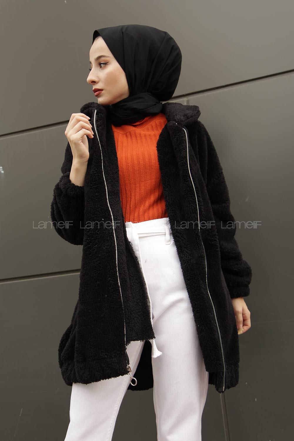 Lamelif Peluş Mont Siyah