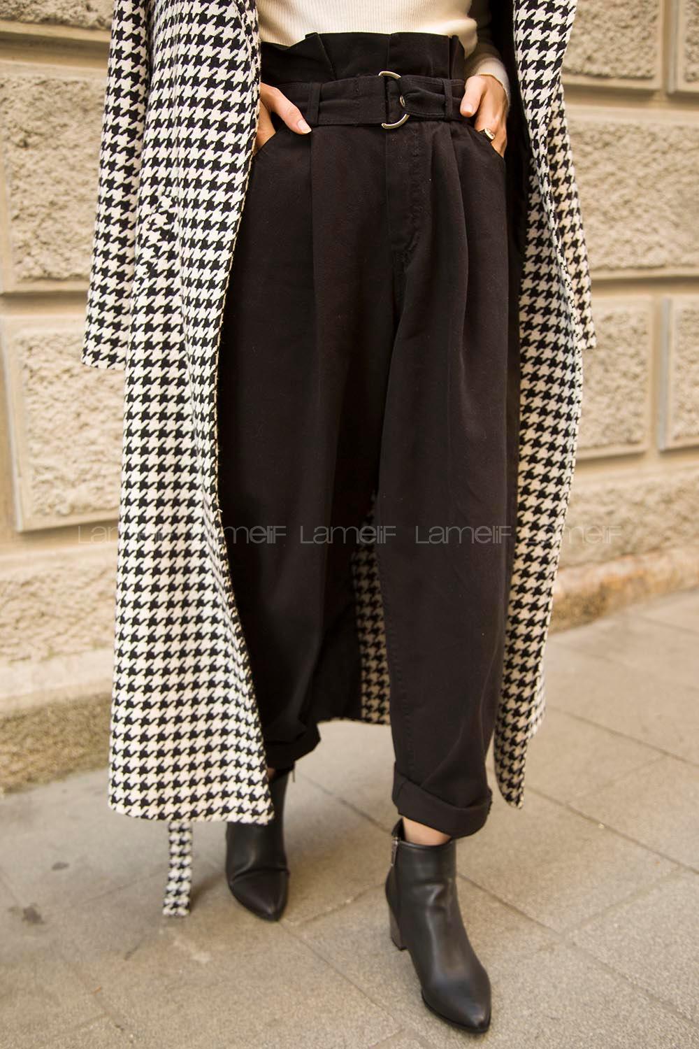 Modalamelif Beli Pileli Kemerli D Tokalı Kot Pantolon Siyah