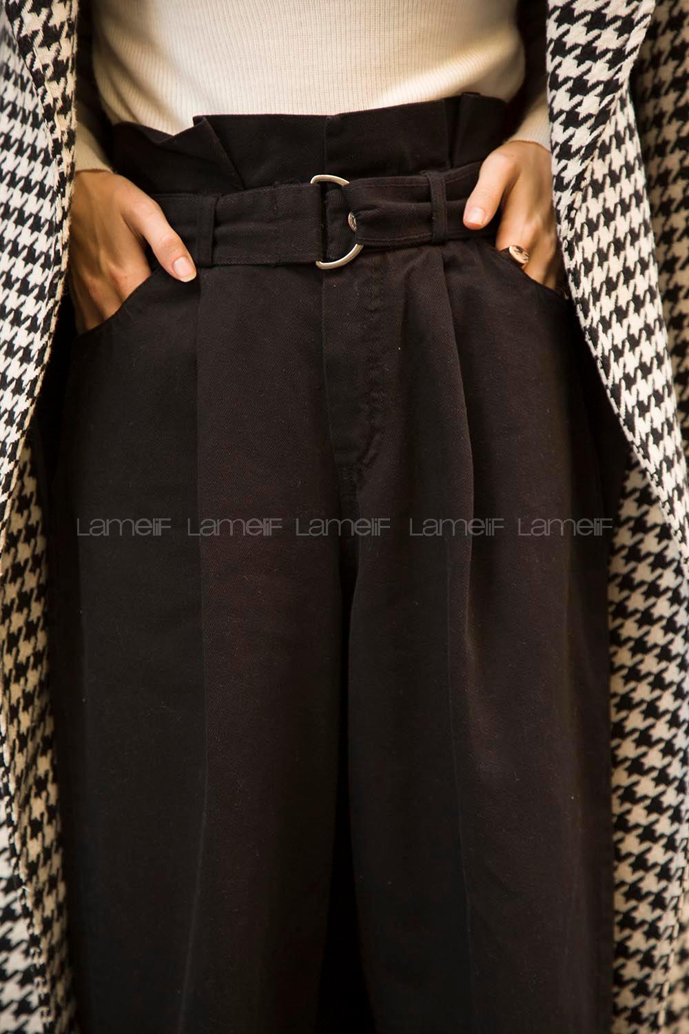 Modalamelif Beli Pileli Kemerli D Tokalı Kot Pantolon Siyah