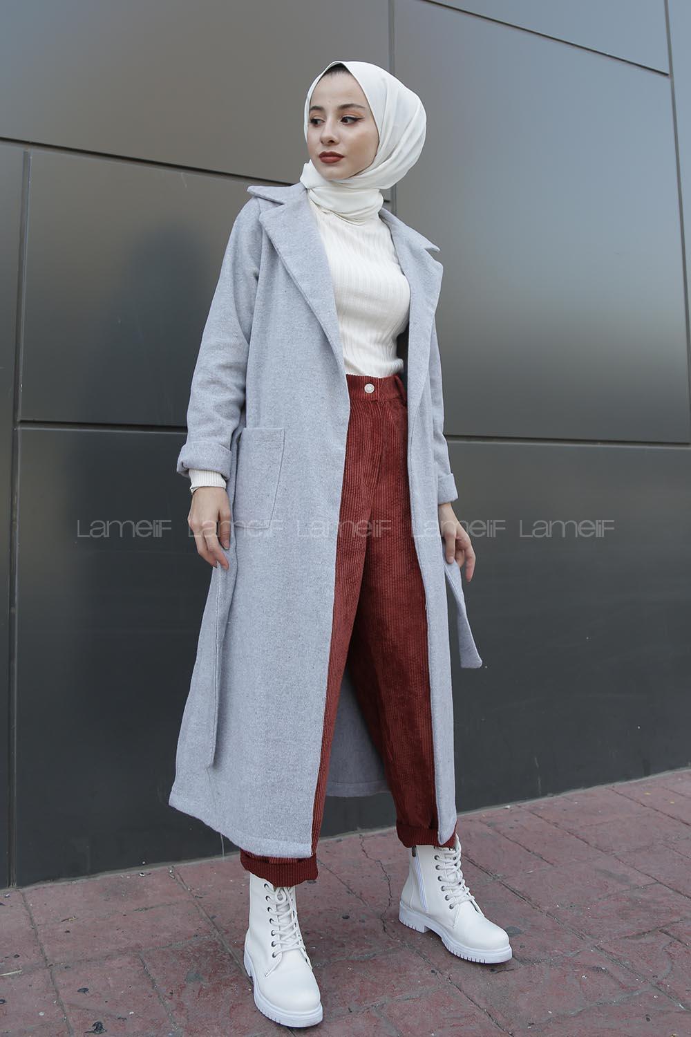 Modalamelif Belden Bağlamalı Çift Cep Detaylı  Kaşe Kaban Gri