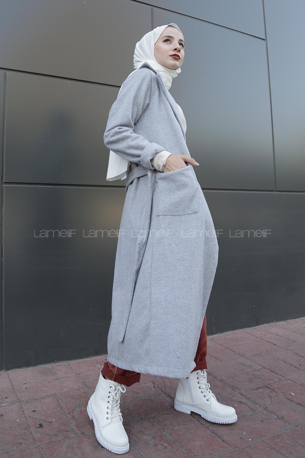 Modalamelif Belden Bağlamalı Çift Cep Detaylı  Kaşe Kaban Gri