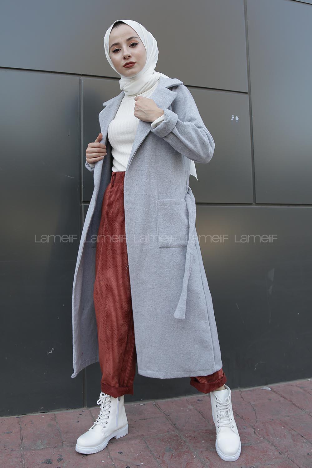 Modalamelif Belden Bağlamalı Çift Cep Detaylı  Kaşe Kaban Gri