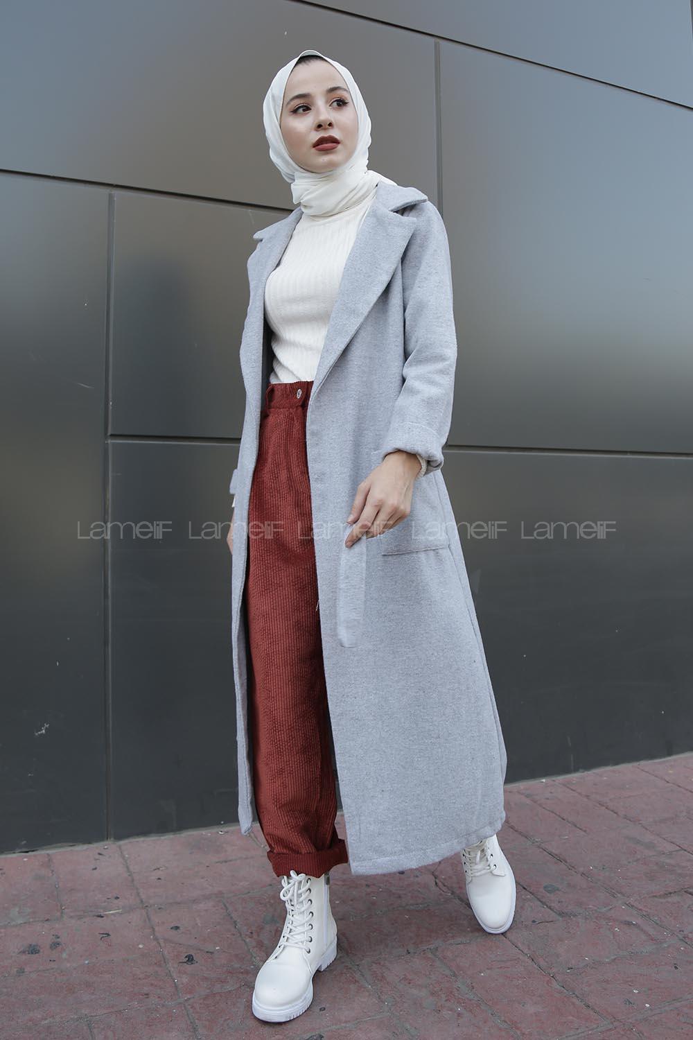 Modalamelif Belden Bağlamalı Çift Cep Detaylı  Kaşe Kaban Gri