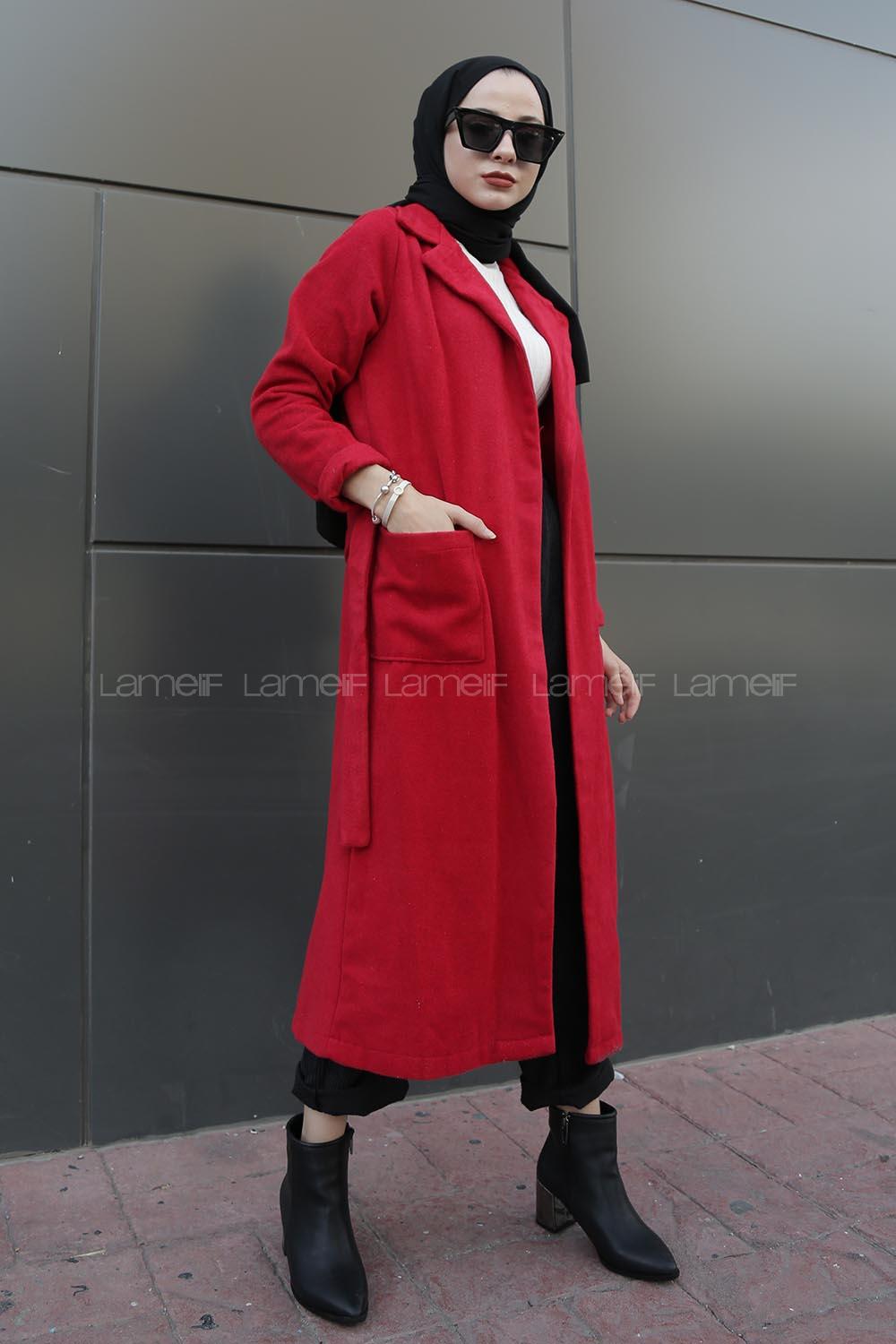 Modalamelif Belden Bağlamalı Çift Cep Detaylı  Kaşe Kaban Kırmızı