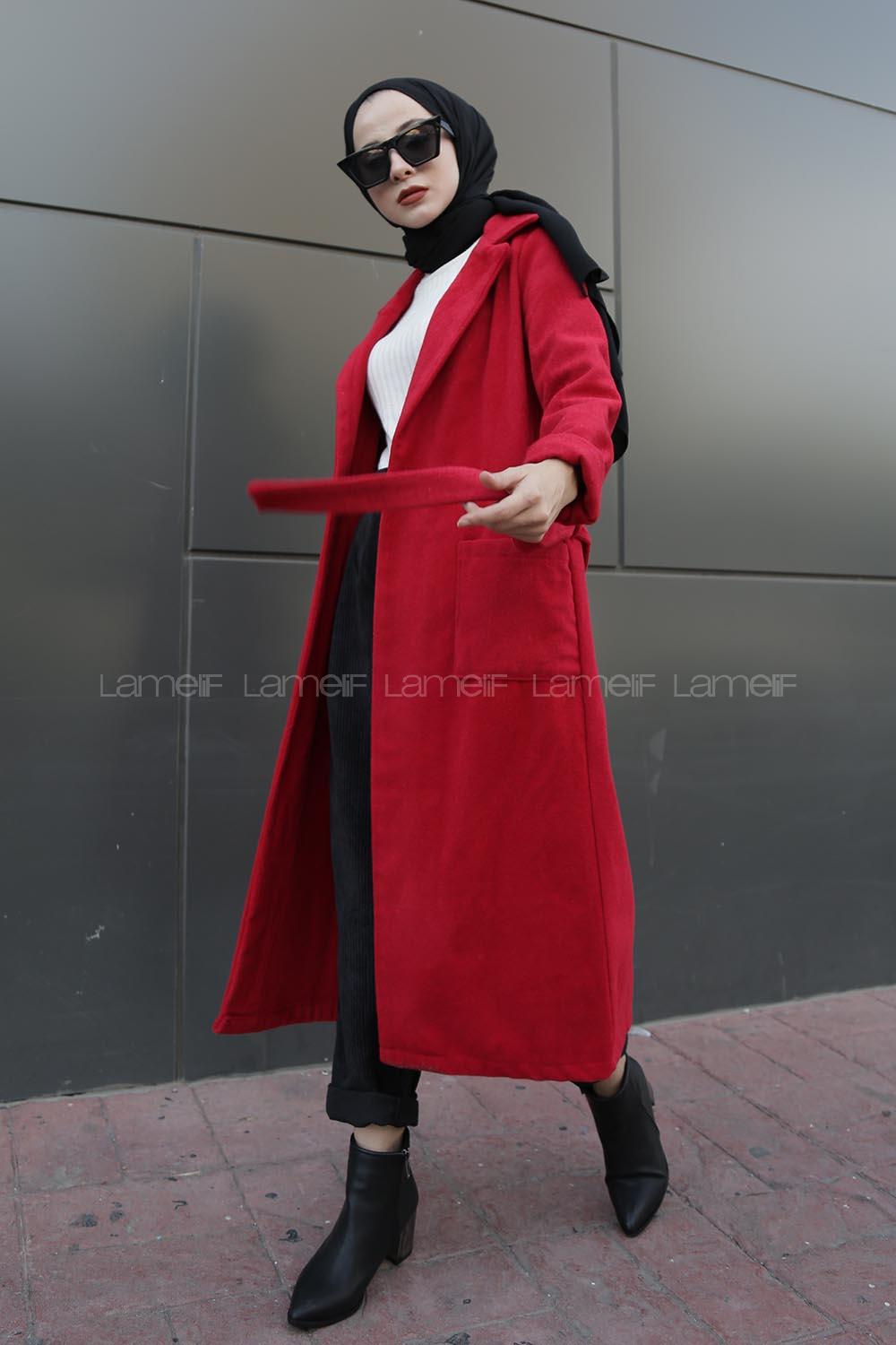 Modalamelif Belden Bağlamalı Çift Cep Detaylı  Kaşe Kaban Kırmızı