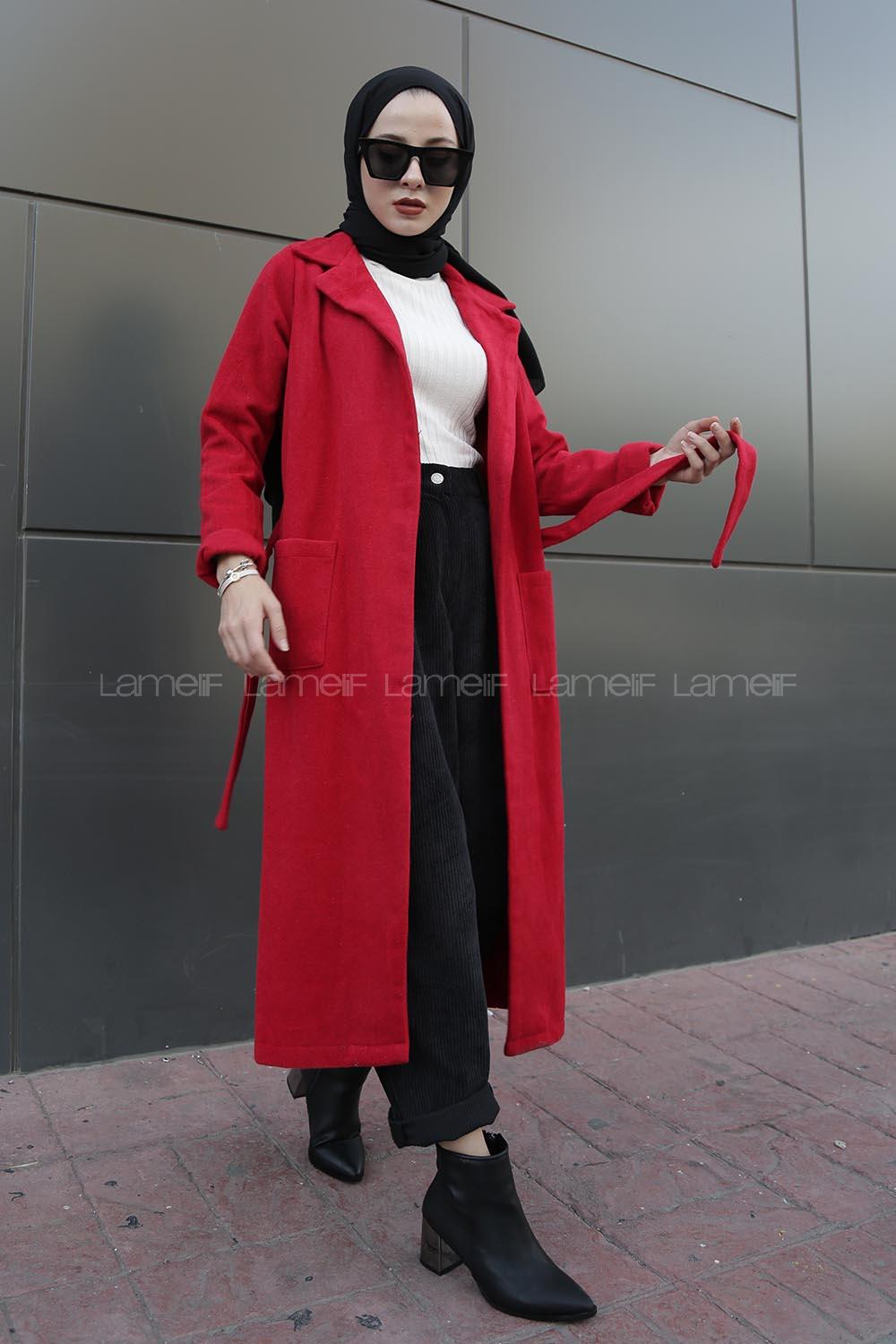 Modalamelif Belden Bağlamalı Çift Cep Detaylı  Kaşe Kaban Kırmızı