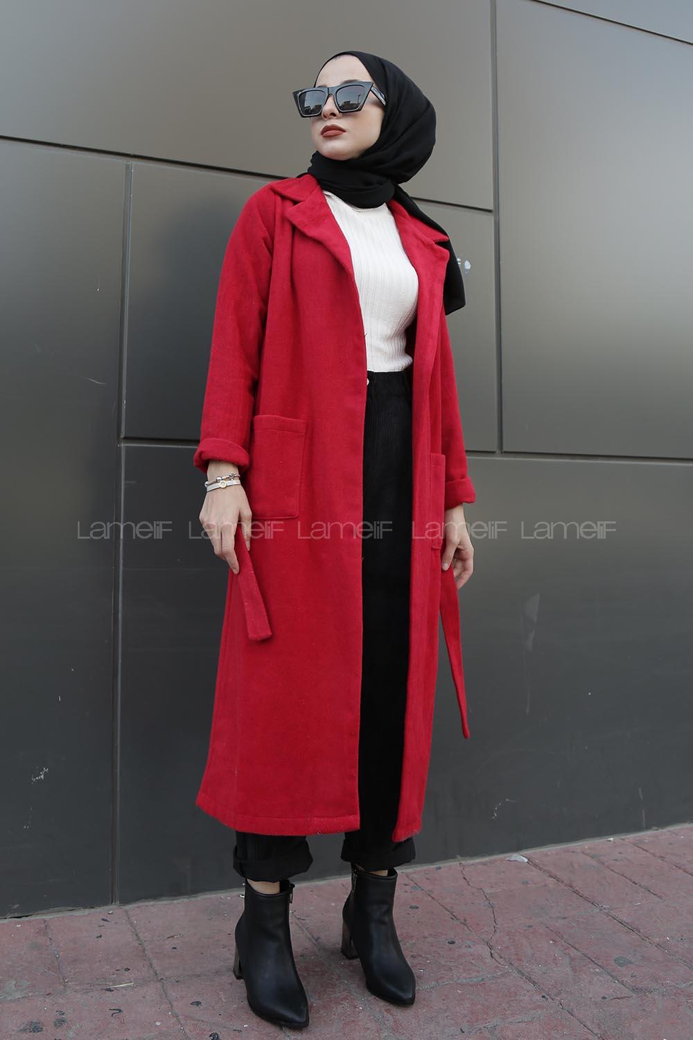 Modalamelif Belden Bağlamalı Çift Cep Detaylı  Kaşe Kaban Kırmızı