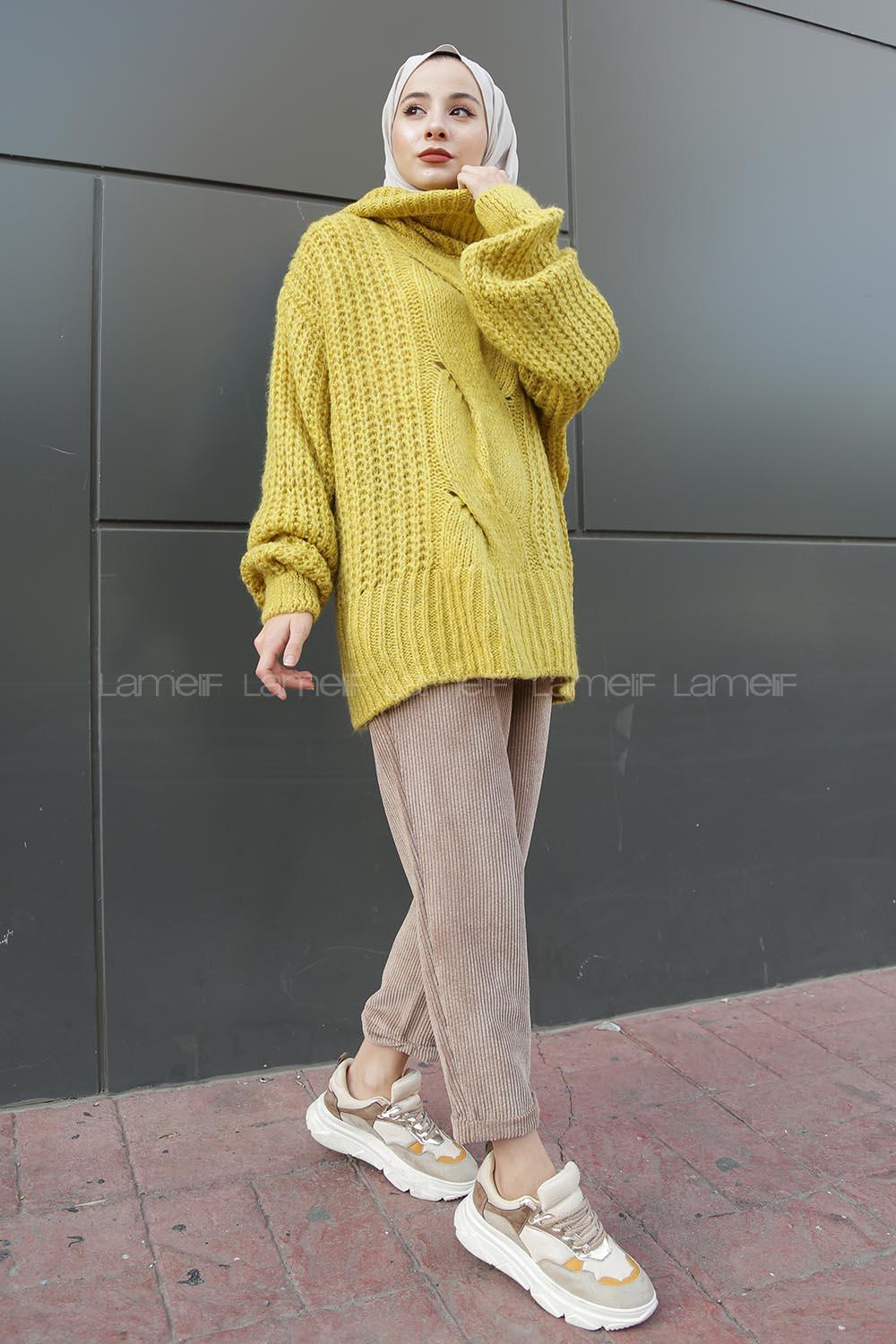 Modalamelif Boğazlı Önü Saç Örgü Kazak Hardal Sarısı