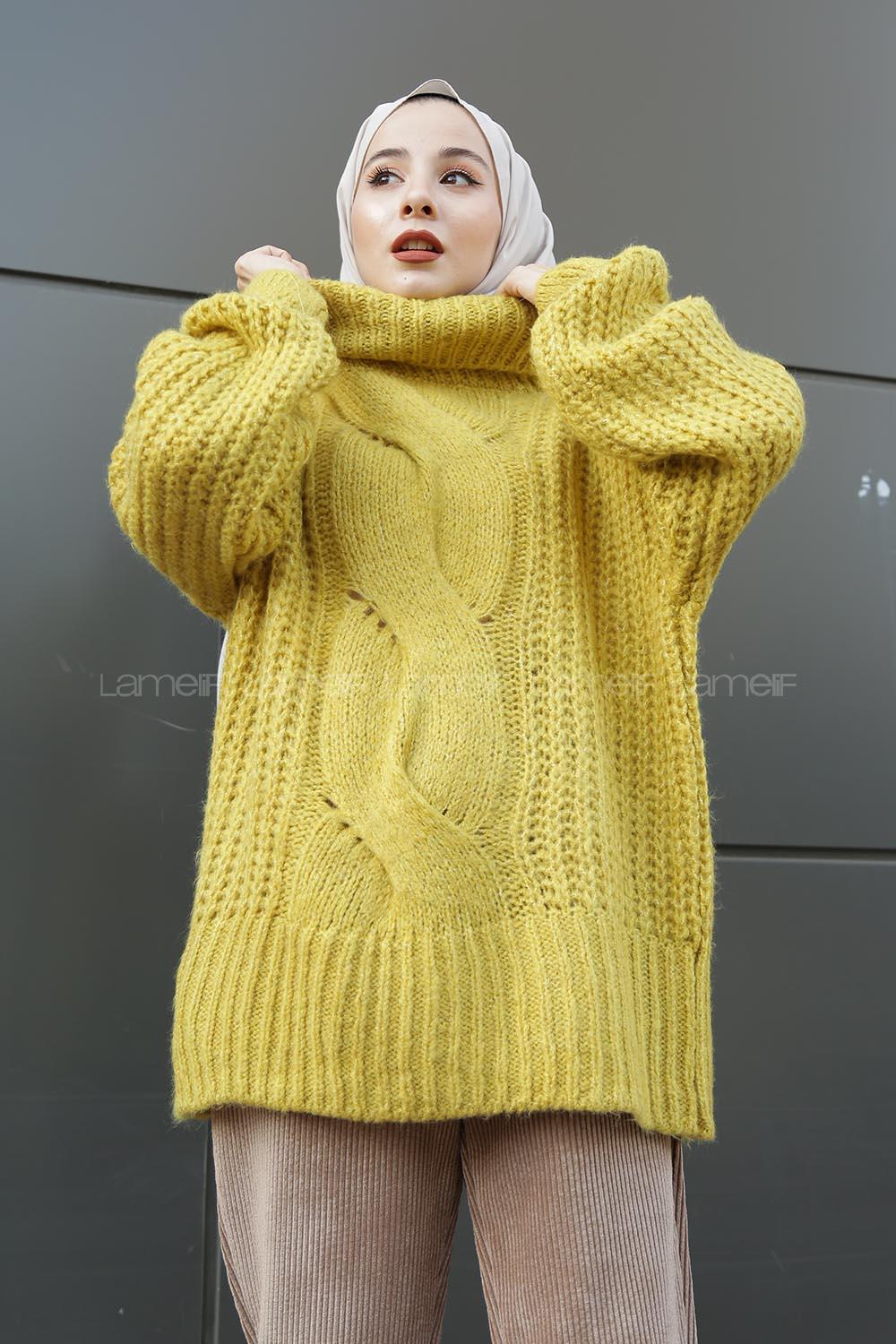 Modalamelif Boğazlı Önü Saç Örgü Kazak Hardal Sarısı