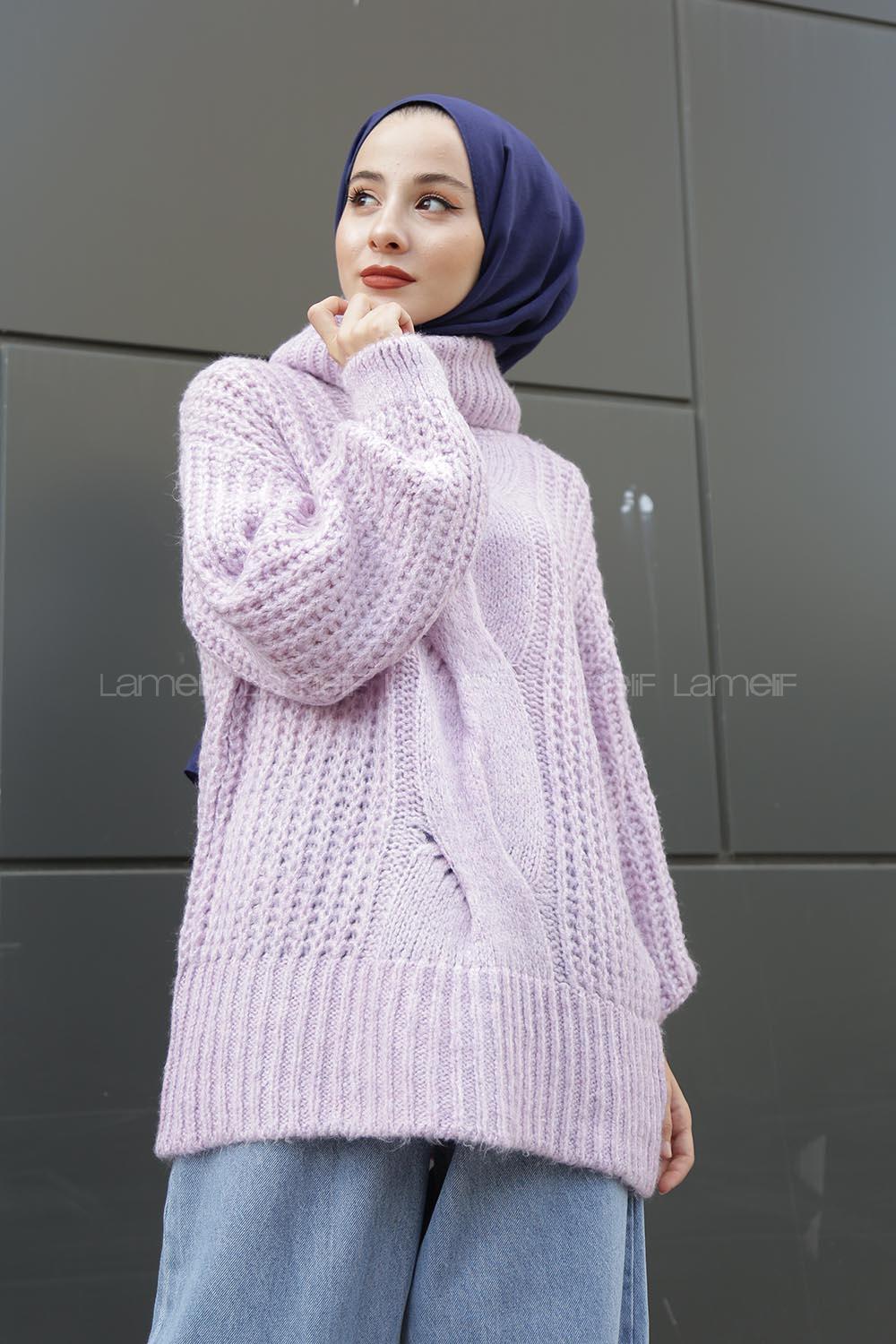 Modalamelif Boğazlı Önü Saç Örgü Kazak Lila