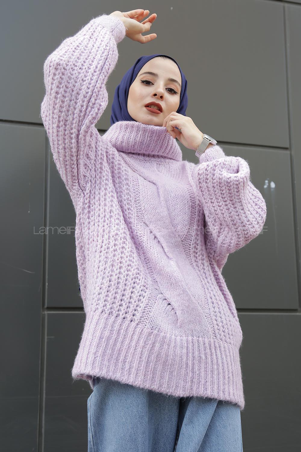 Modalamelif Boğazlı Önü Saç Örgü Kazak Lila