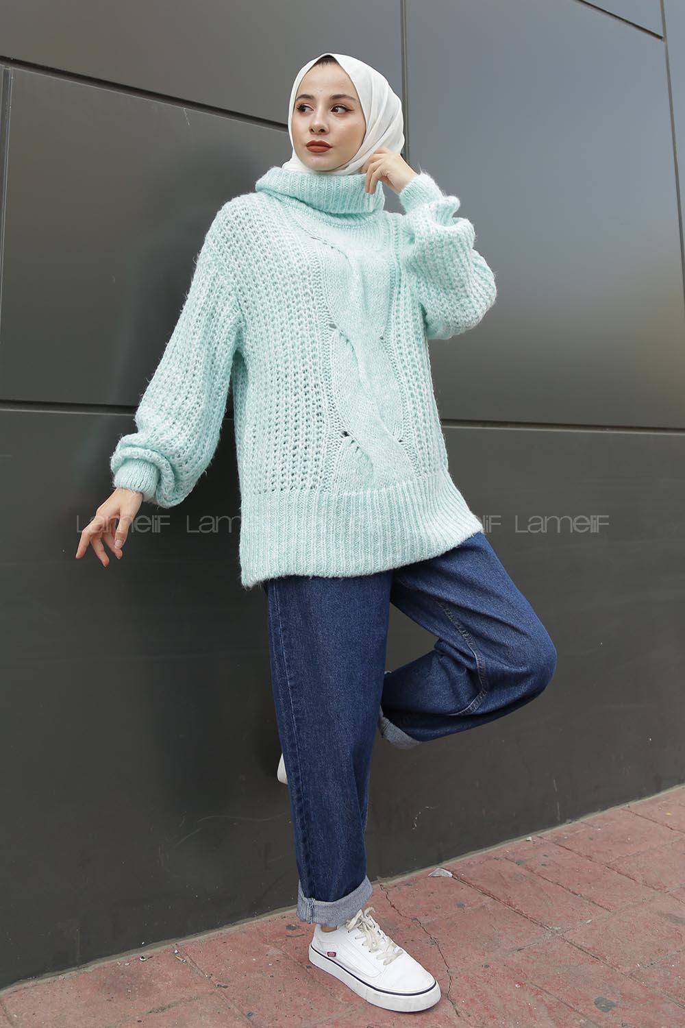 Modalamelif Boğazlı Önü Saç Örgü Kazak Mint