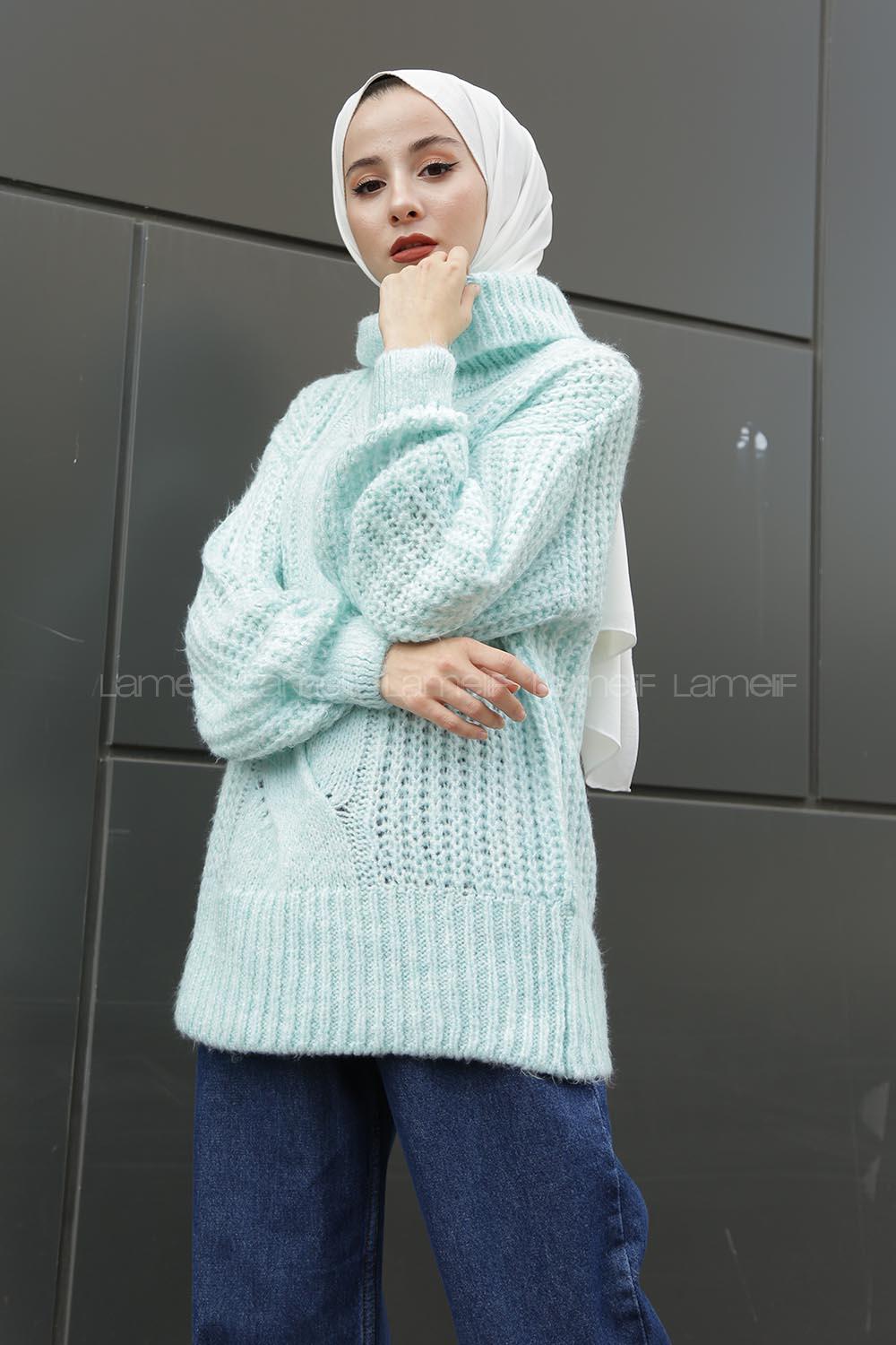 Modalamelif Boğazlı Önü Saç Örgü Kazak Mint