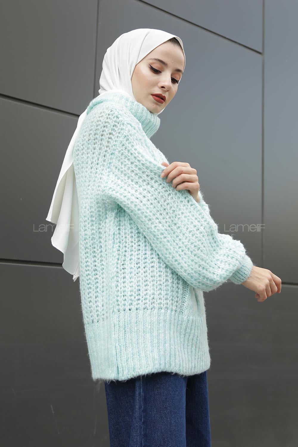 Modalamelif Boğazlı Önü Saç Örgü Kazak Mint