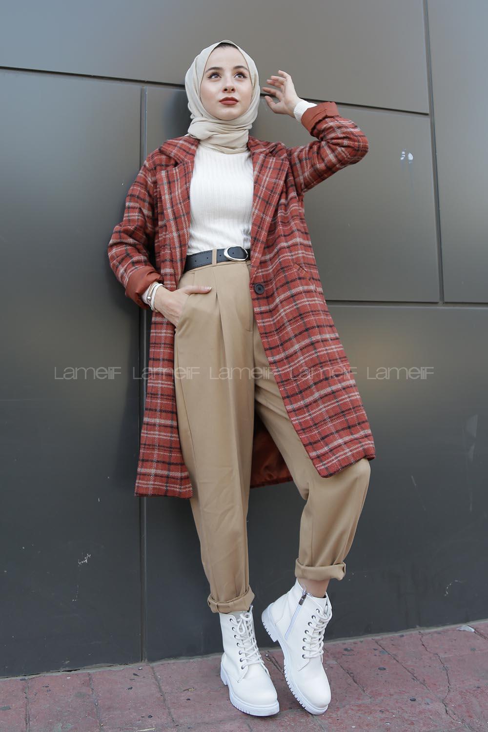 Modalamelif Çift Cepli Ekose Ceket Kiremit