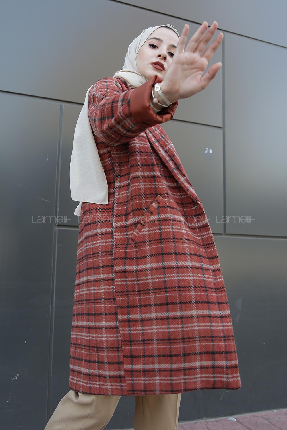 Modalamelif Çift Cepli Ekose Ceket Kiremit