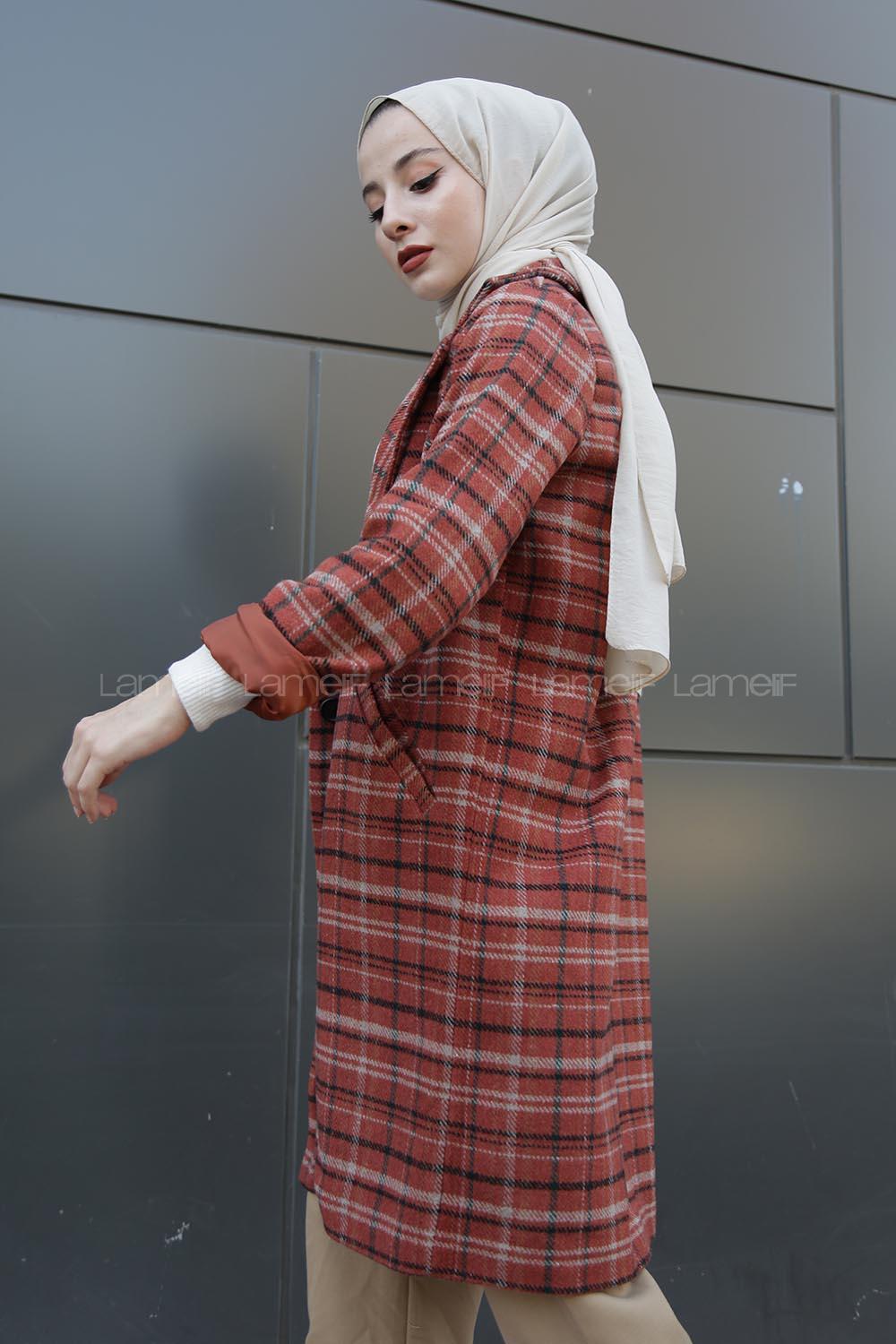 Modalamelif Çift Cepli Ekose Ceket Kiremit