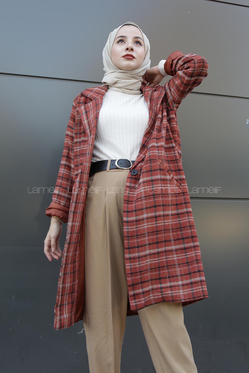 Modalamelif Çift Cepli Ekose Ceket Kiremit