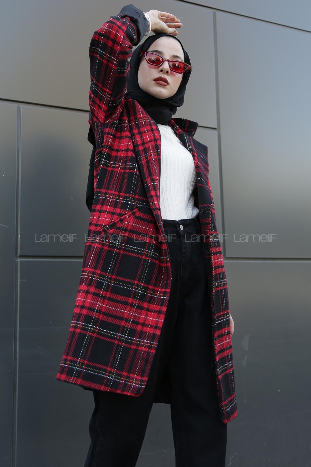 Modalamelif Çift Cepli Ekose Ceket Kırmızı