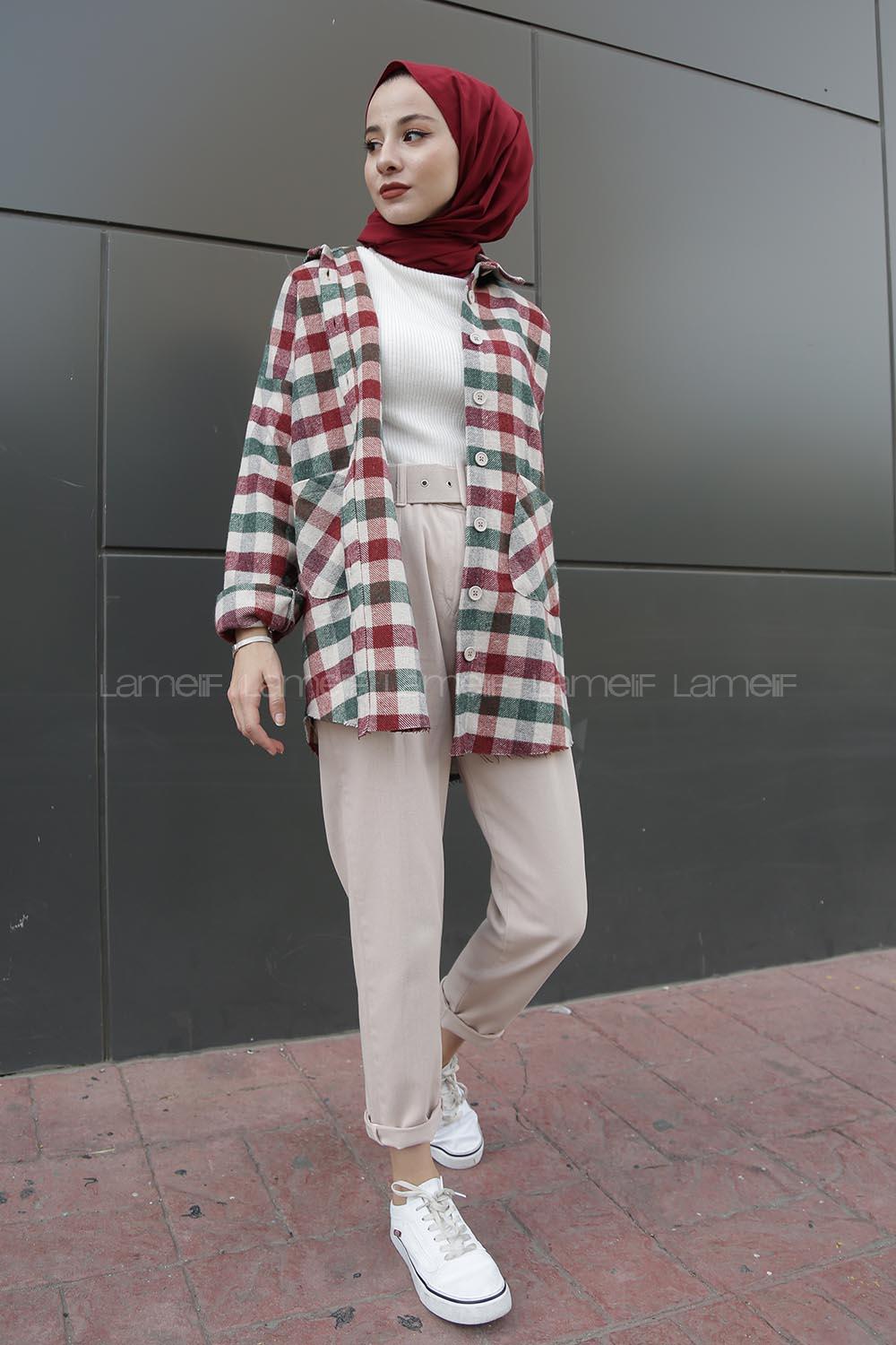 Modalamelif Çift Cepli Eteği Saçaklı Ekose Gömlek Bordo