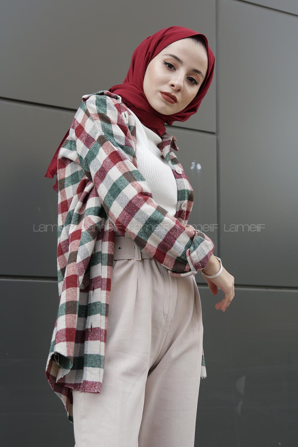 Modalamelif Çift Cepli Eteği Saçaklı Ekose Gömlek Bordo