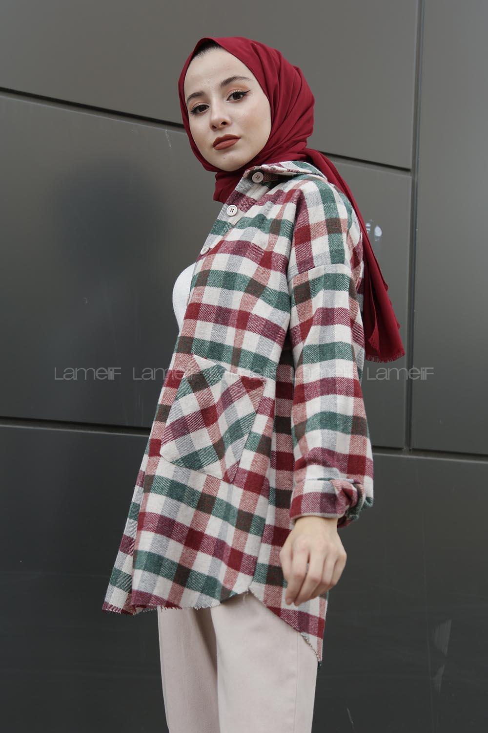 Modalamelif Çift Cepli Eteği Saçaklı Ekose Gömlek Bordo