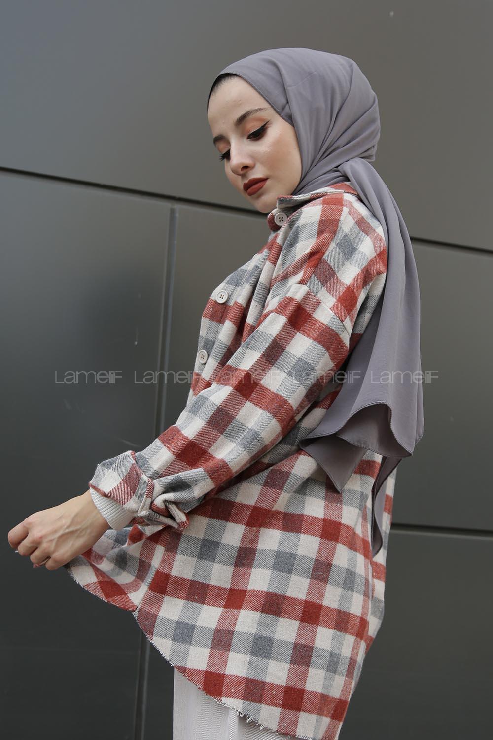 Modalamelif Çift Cepli Eteği Saçaklı Ekose Gömlek Kiremit