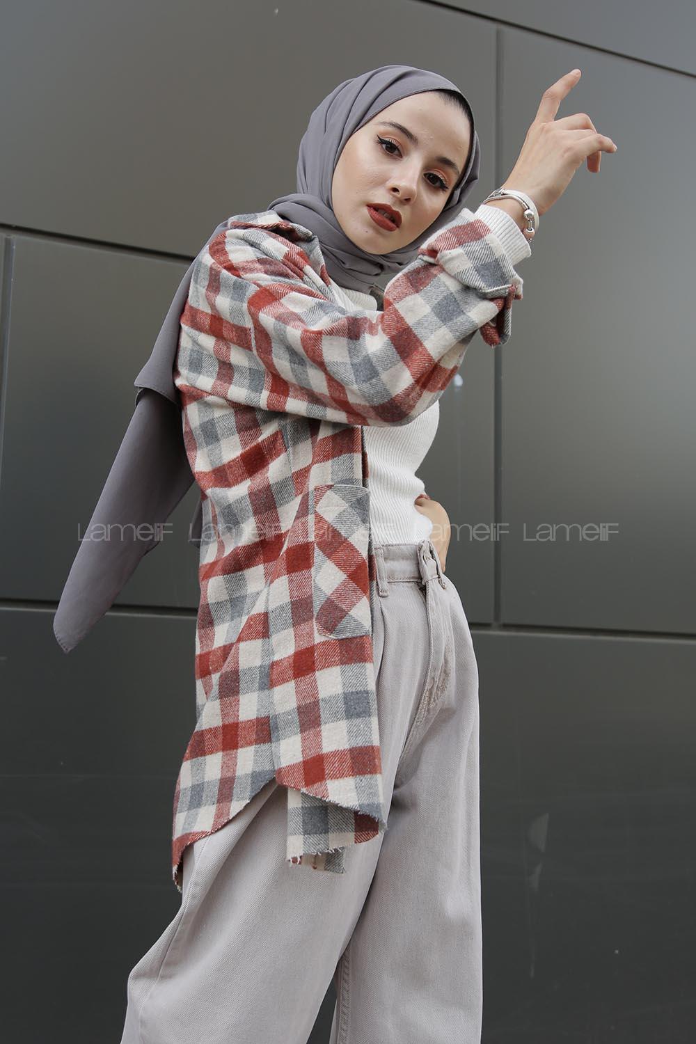 Modalamelif Çift Cepli Eteği Saçaklı Ekose Gömlek Kiremit