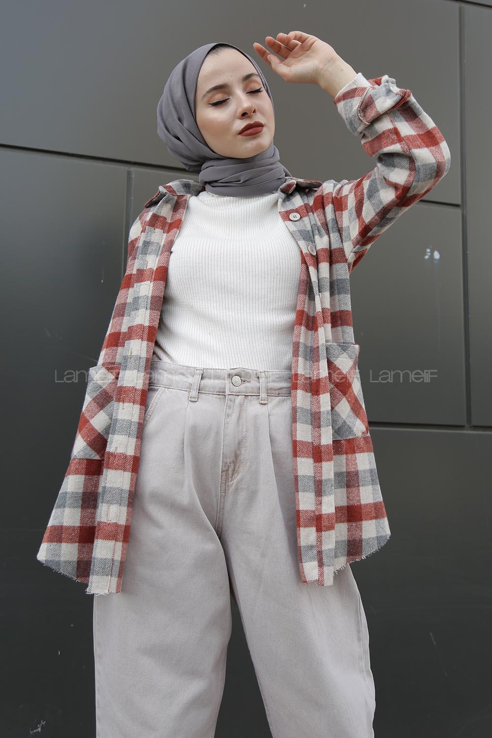 Modalamelif Çift Cepli Eteği Saçaklı Ekose Gömlek Kiremit