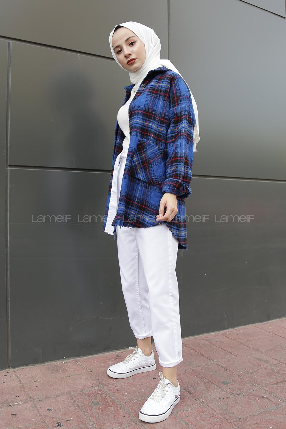 Modalamelif Eteği Saçaklı Çift Cepli Ekose Gömlek Saks Mavi