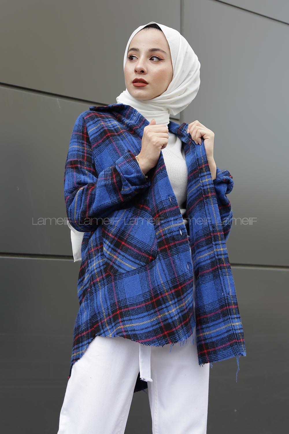 Modalamelif Eteği Saçaklı Çift Cepli Ekose Gömlek Saks Mavi