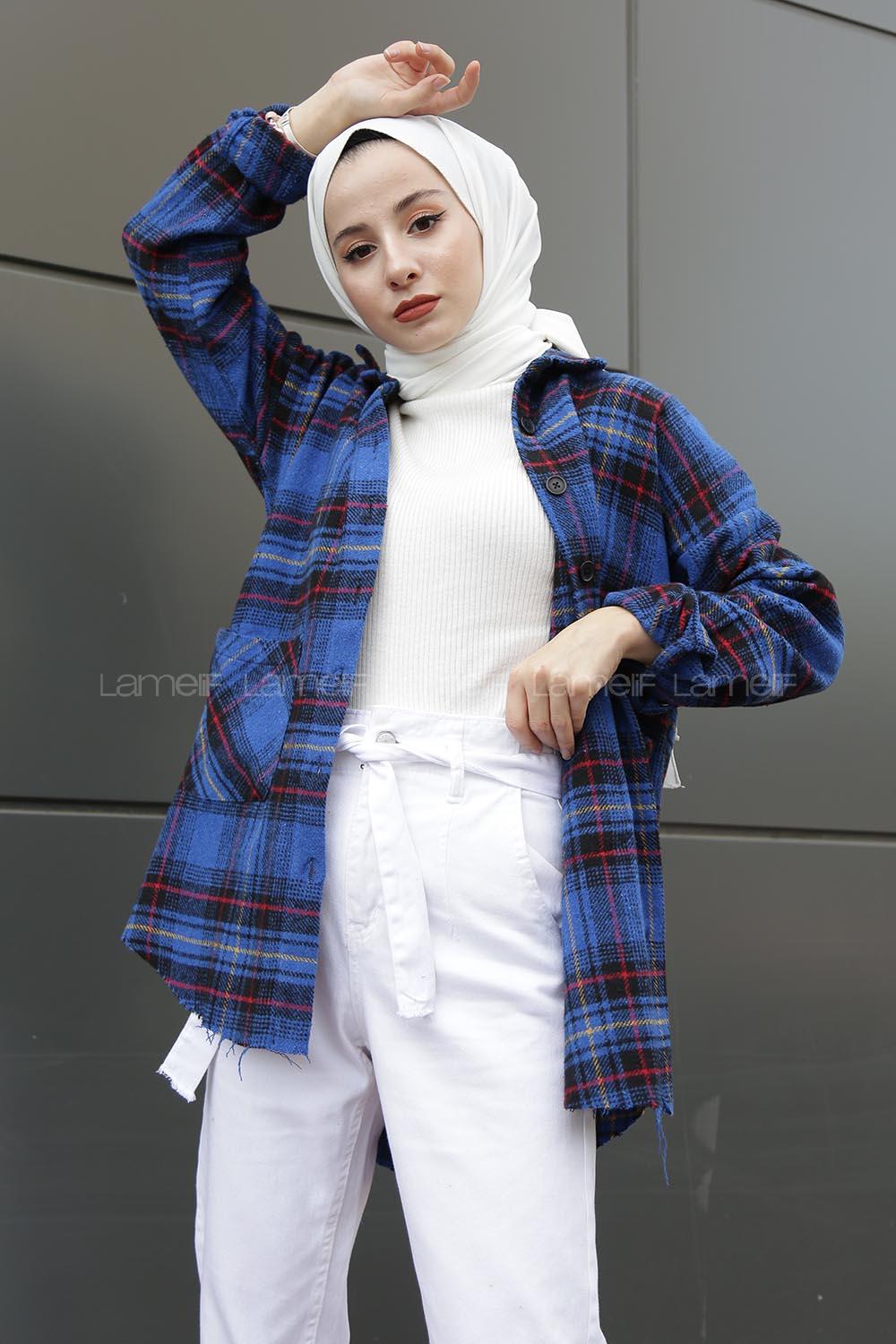 Modalamelif Eteği Saçaklı Çift Cepli Ekose Gömlek Saks Mavi