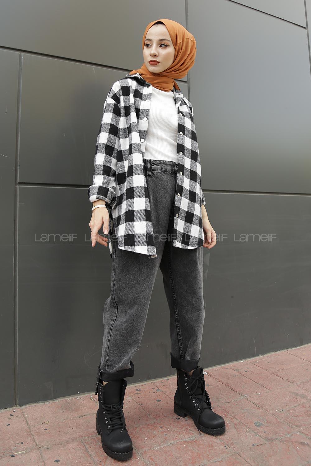 Modalamelif Önü Çıt Çıt Düğmeli Ekose Gömlek Siyah