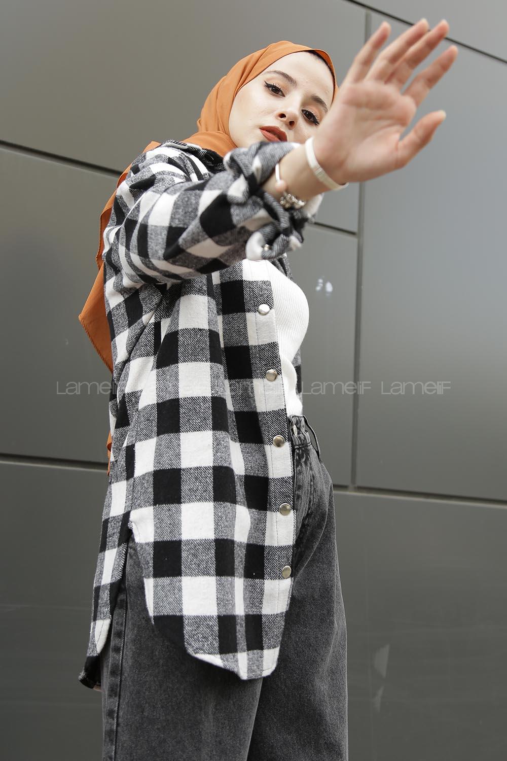 Modalamelif Önü Çıt Çıt Düğmeli Ekose Gömlek Siyah