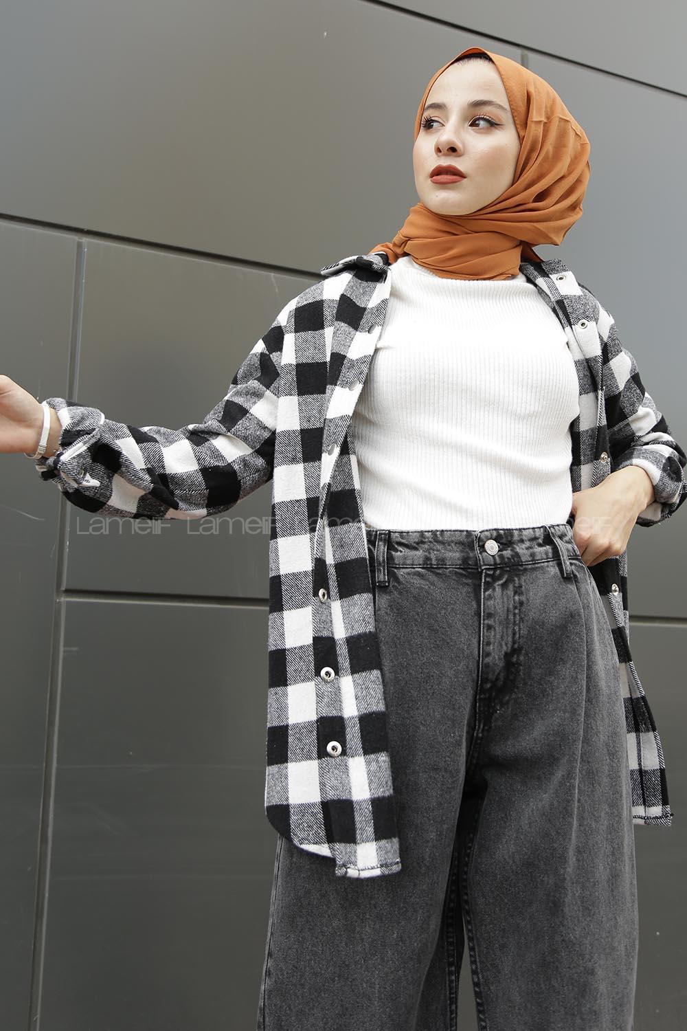 Modalamelif Önü Çıt Çıt Düğmeli Ekose Gömlek Siyah