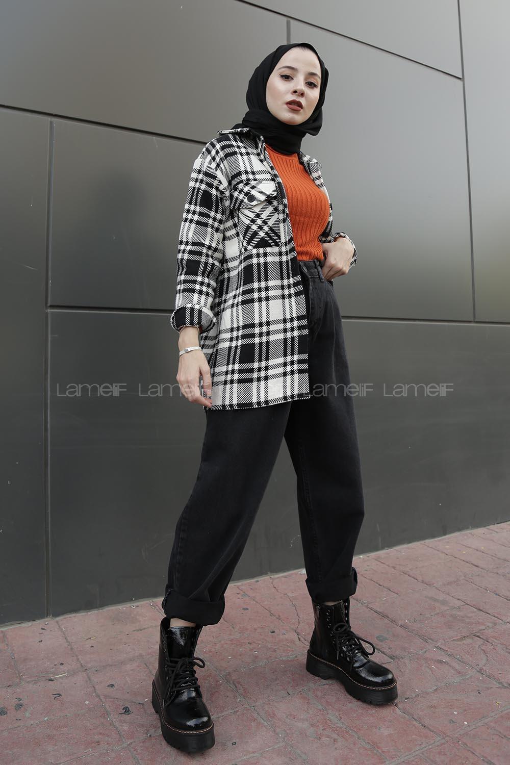 Modalamelif Önü Düğmeli Ekose Gömlek Siyah