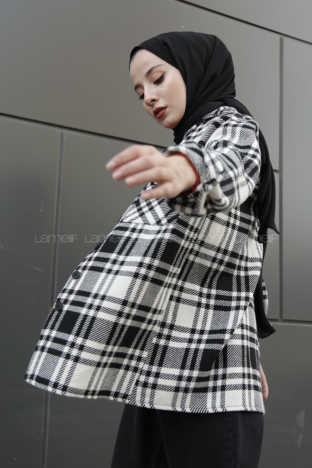 Modalamelif Önü Düğmeli Ekose Gömlek Siyah