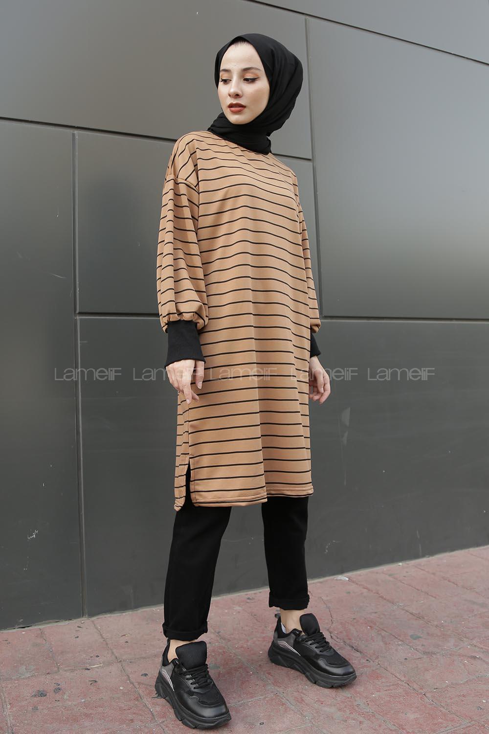 Modalamelif Balon Kol Çizgili Bileği Lastikli Sweat  Kahverengi