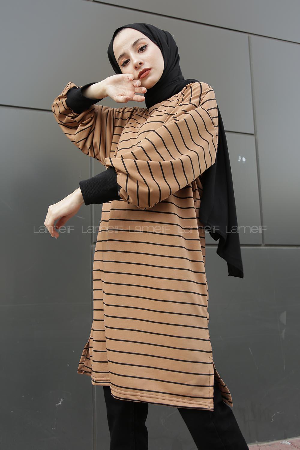 Modalamelif Balon Kol Çizgili Bileği Lastikli Sweat  Kahverengi