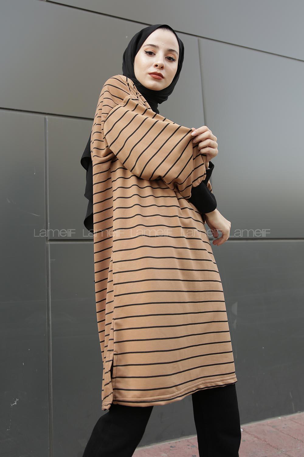 Modalamelif Balon Kol Çizgili Bileği Lastikli Sweat  Kahverengi