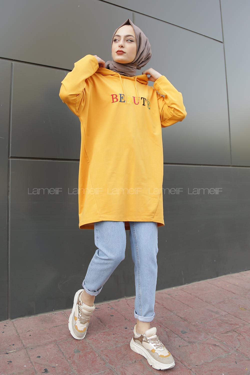 Modalamelif Beaute Yazı Baskılı Kapşonlu Sweat Hardal Sarısı