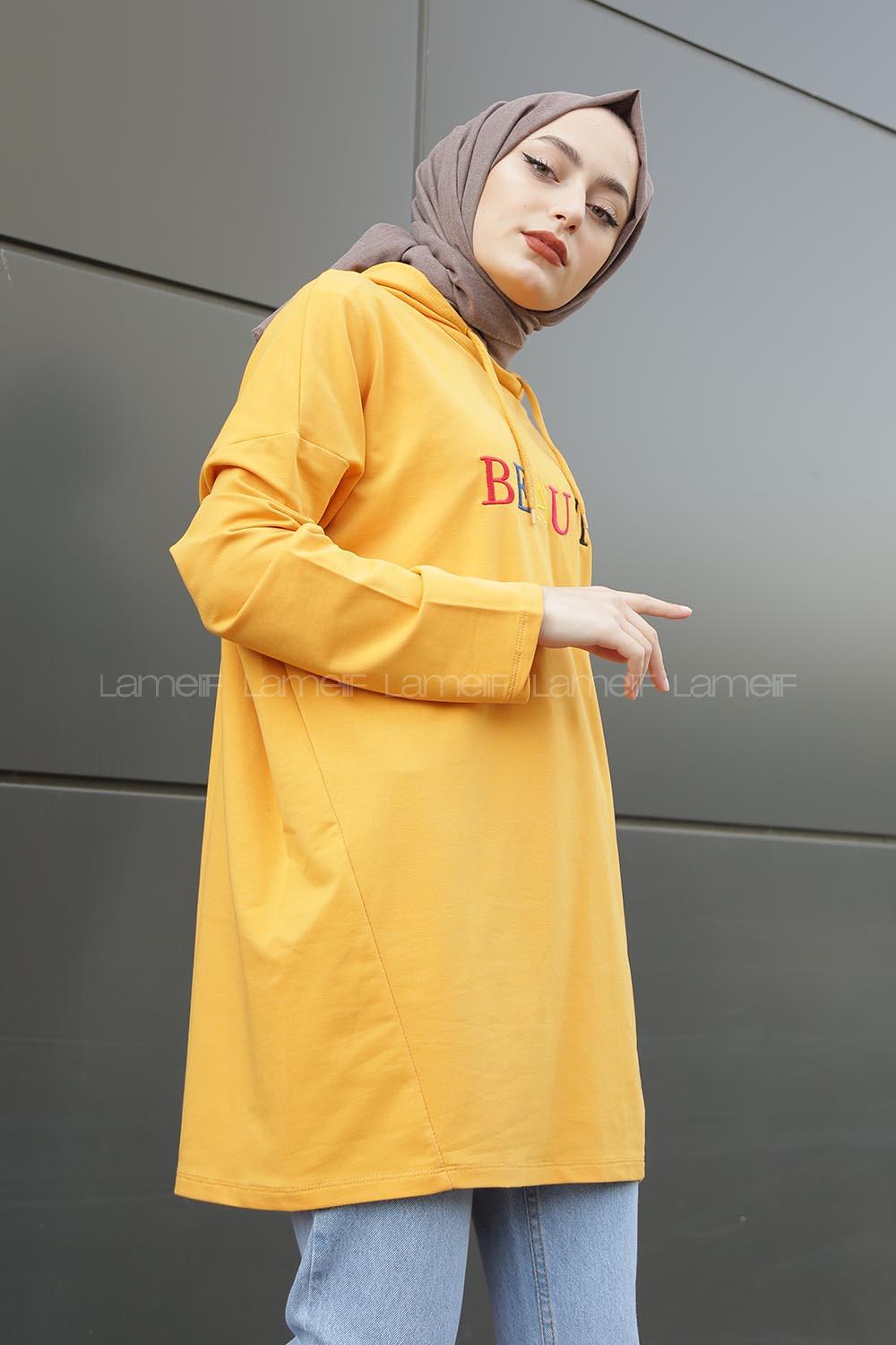 Modalamelif Beaute Yazı Baskılı Kapşonlu Sweat Hardal Sarısı