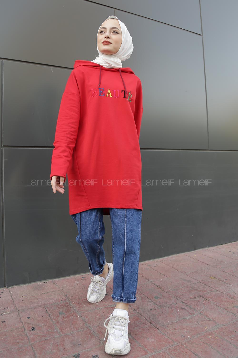 Modalamelif Beaute Yazı Baskılı Kapşonlu Sweat Kırmızı